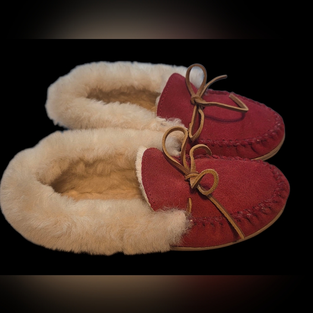 Minnetonka Red Suede Moccasins with Cream Lining